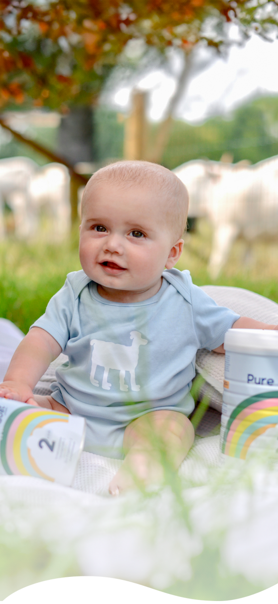 Een baby zit op een dekentje met geiten op de achtergrond en speelt met blikken van pure goat